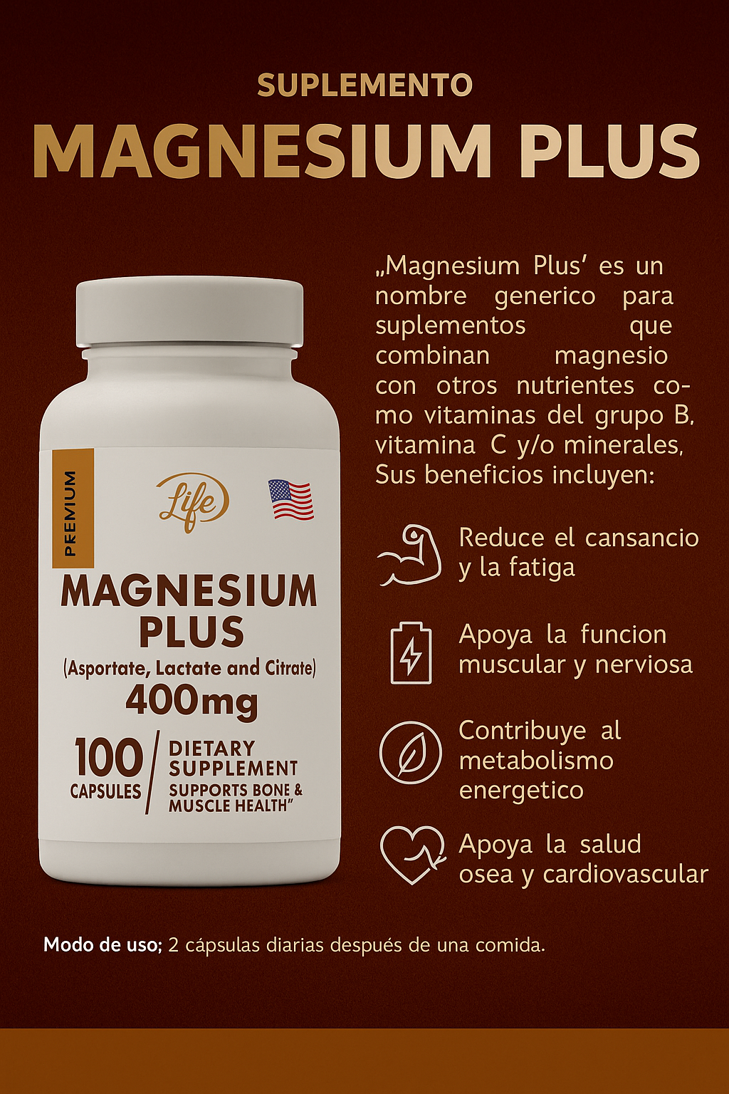 MAGNESIUM PLUS 400mg (100 cápsulas) | "Energía, calma y fuerza en cada dosis✨"