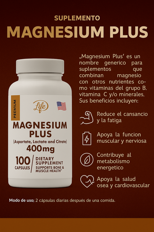 MAGNESIUM PLUS 400mg (100 cápsulas) | "Energía, calma y fuerza en cada dosis✨"