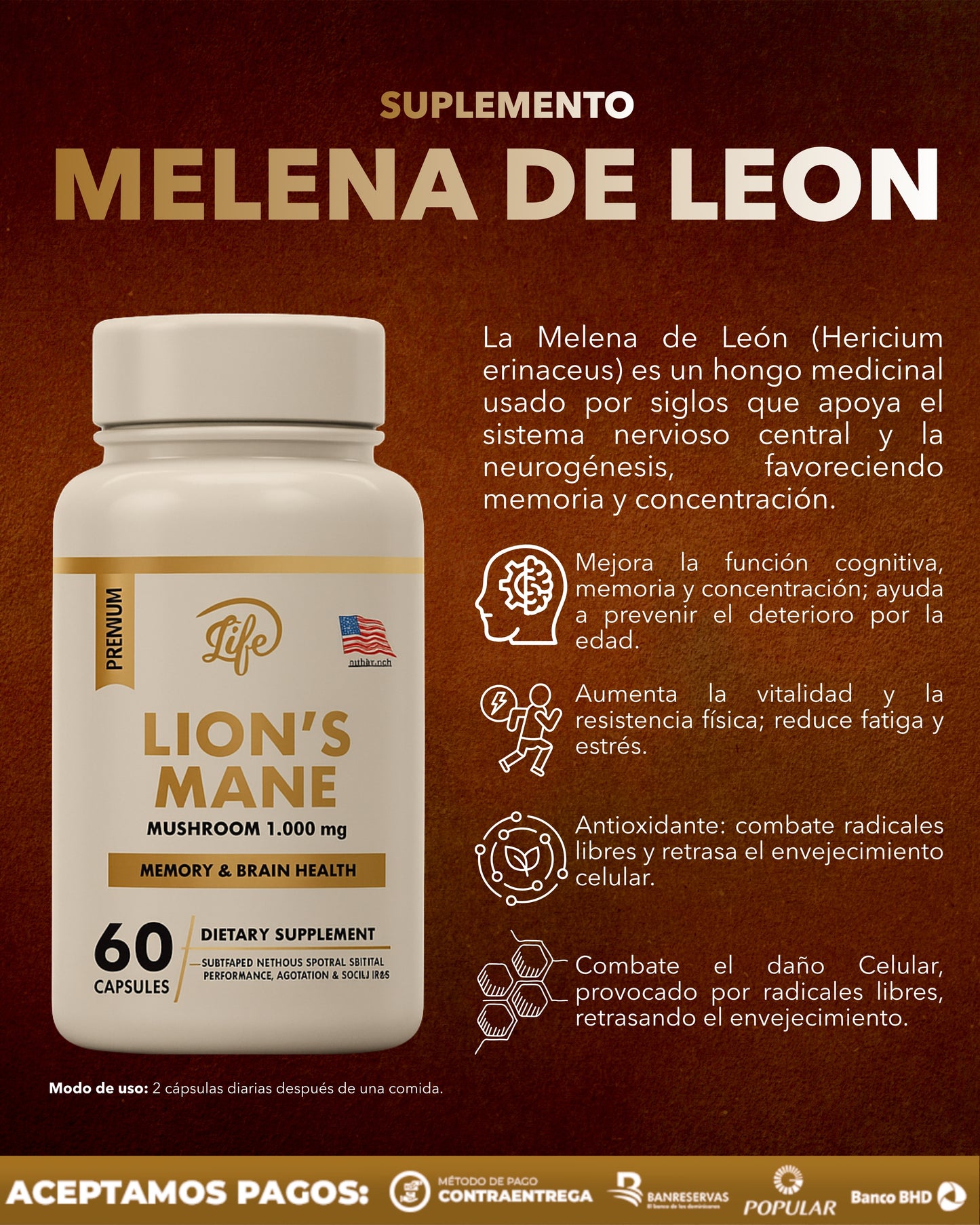 Suplemento Natural Melena de León 1000 mg 60 cáps Life™ | Enfoque Máximo y Memoria Activa