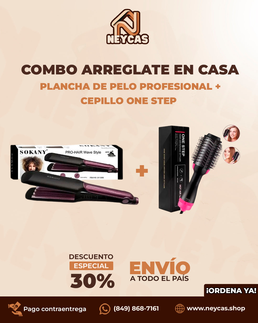 Combo arréglate en casa: Plancha de pelo Sokany + Cepillo One Strep GlamTouch™ | ¡Transforma tu look en minutos con el Combo Arréglate en Casa!