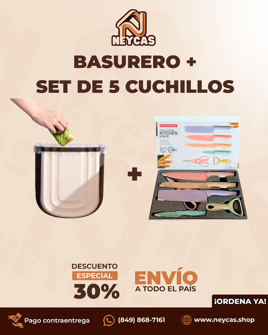 Basurero para Cocinas + Set de 5 cuchillos ChefMaster™ | Mantén tu Cocina Limpia y Corta Como un Profesional