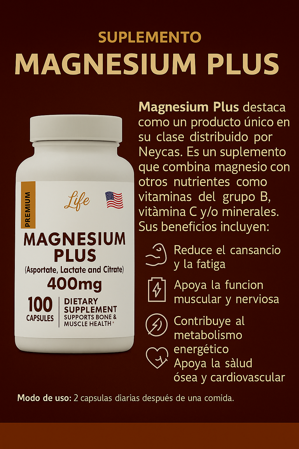MAGNESIUM PLUS 400mg (100 cápsulas) | "Energía, calma y fuerza en cada dosis✨"