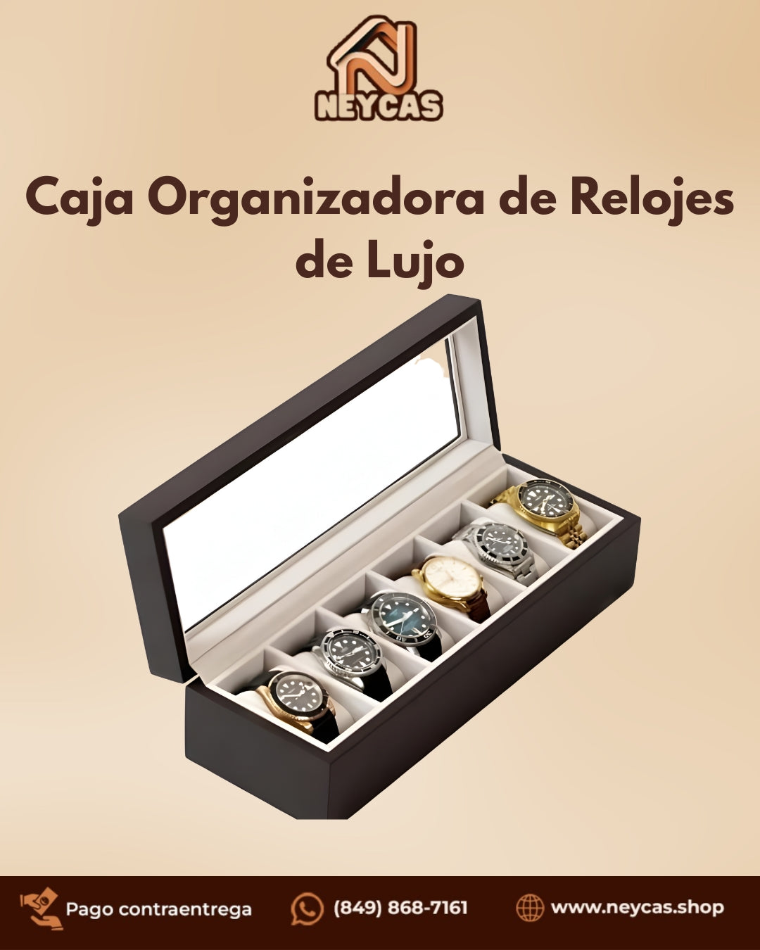 Caja Organizadora de Relojes de Lujo (6 Compartimentos) con Tapa de Cristal