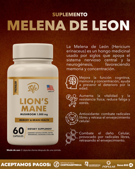 Suplemento Natural Melena de León 1000 mg 60 cáps Life™ | Enfoque Máximo y Memoria Activa