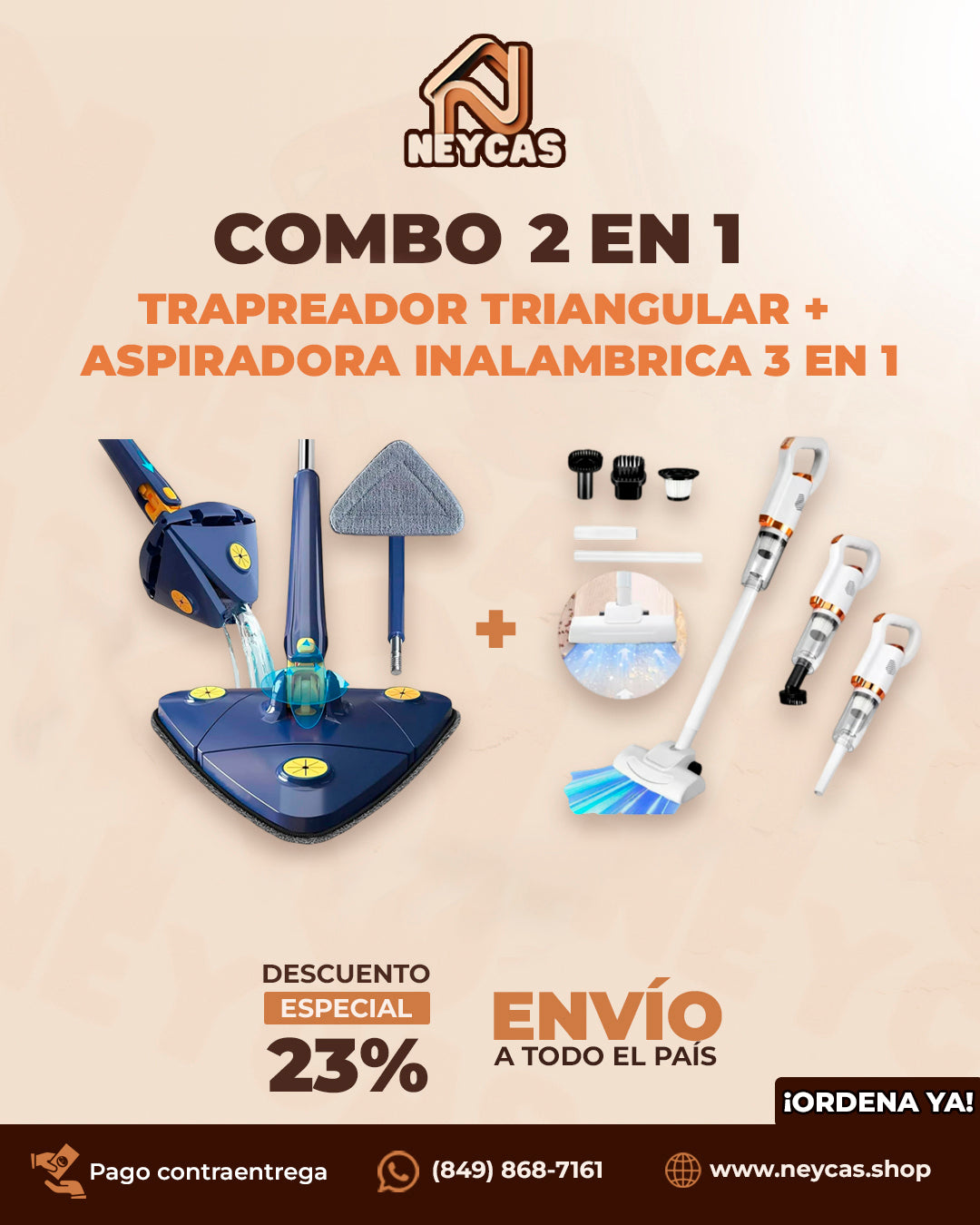 Combo trapeador triangular Auto Exprimible y Aspiradora inalámbrica 3 en 1 HogarMax™ | Limpia Hasta el Último Rincón con Tecnología y Comodidad