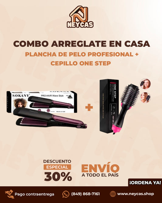 Combo arréglate en casa: Plancha de pelo Sokany + Cepillo One Strep GlamTouch™ | ¡Transforma tu look en minutos con el Combo Arréglate en Casa!