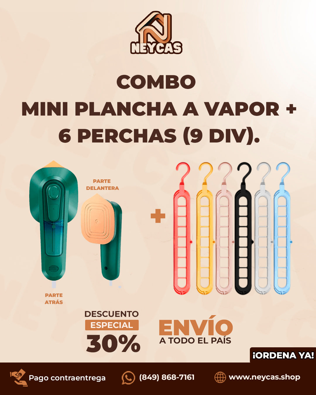 Combo Mini plancha a vapor + 6 perchas (9 divisiones) VaporiZen™ | Combo Portátil para Ropa Perfecta en Casa o Viaje