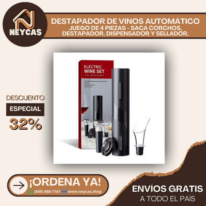 DESTAPADOR DE VINOS AUTOMÁTICO JUEGO DE 4 PIEZAS - SACA CORCHOS, DESTAPADOR, DISPENSADOR Y SELLADOR.