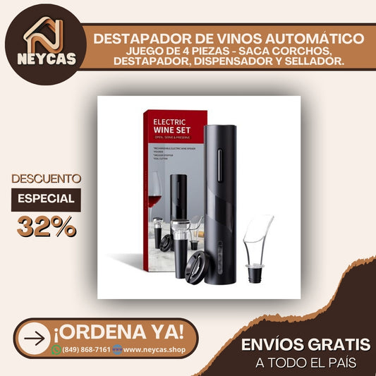 DESTAPADOR DE VINOS AUTOMÁTICO JUEGO DE 4 PIEZAS - SACA CORCHOS, DESTAPADOR, DISPENSADOR Y SELLADOR.