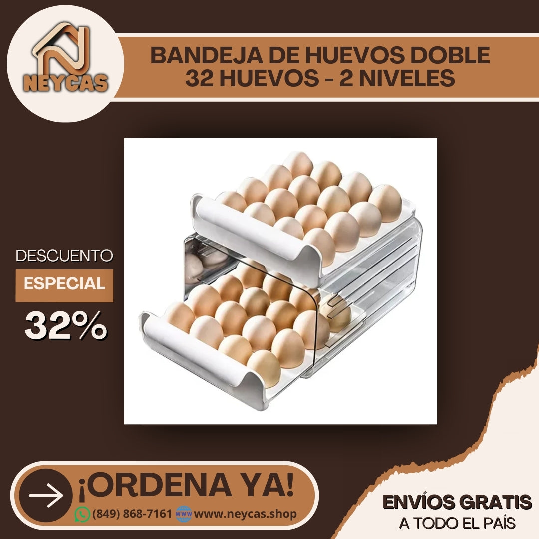 BANDEJA DE HUEVOS DOBLE 32 HUEVOS, COLOR BLANCO DE 2 NIVELES