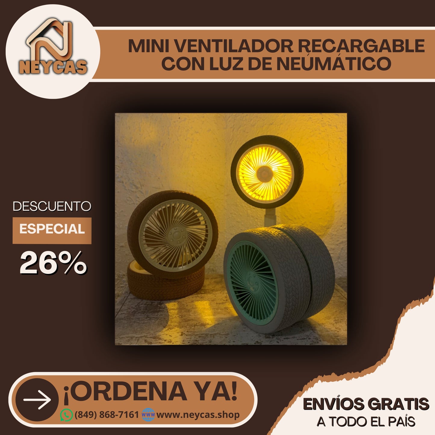 MINI VENTILADORES TIPO NEUMÁTICOS, INALAMBRICOS RECARGABLES DE 3 VELOCIDADES