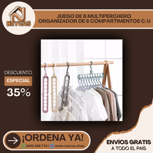 JUEGO DE 6 (Seis) MULTIPERCHERO ORGANIZADOR DE ROPA PARA ARMARIO DE 8 COMPARTIMENTOS