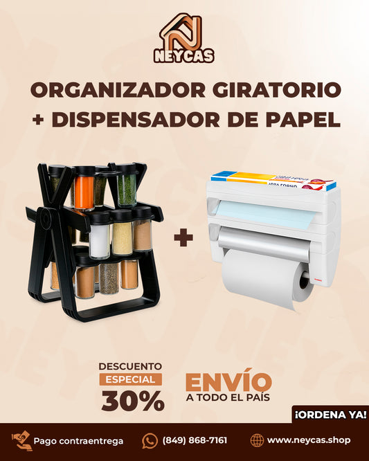 Organizador Giratorio de Especies + Dispensador de Papel GourmetPro™ | Mantén tus especias y rollos a mano y tu cocina impecable