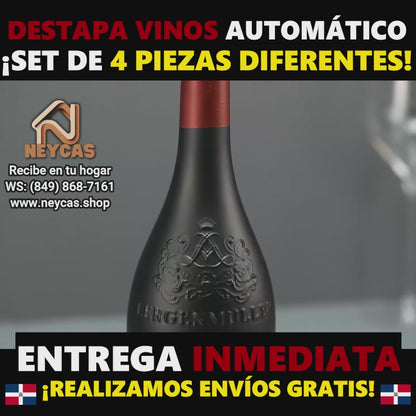 DESTAPADOR DE VINOS AUTOMÁTICO JUEGO DE 4 PIEZAS - SACA CORCHOS, DESTAPADOR, DISPENSADOR Y SELLADOR.